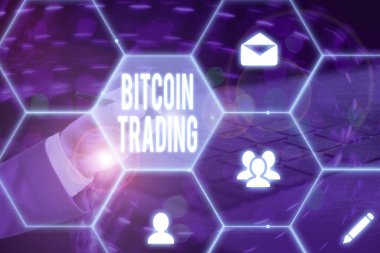 Metin işareti Bitcoin ticaretini gösteriyor. Borsada kripto para alım satımı ve satımı.
