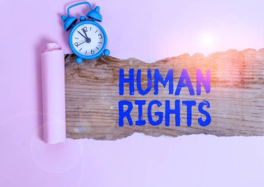 Word writing text Huanalysis Rights. Business photo showcasing the equality of fighting for your rights individuality Alarm clock and torn cardboard placed above a wooden classic table backdrop
