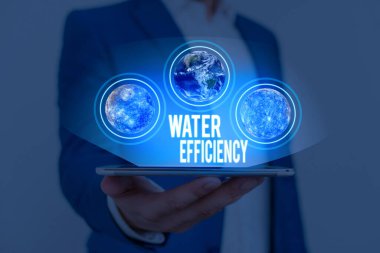 Text sign showing Water Efficiency. Business photo text reduce water wastage by measuring amount of water required Elements of this image furnished by NASA