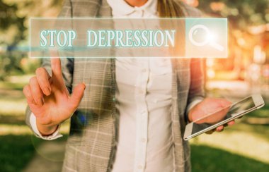 Handwriting text writing Stop Depression. Concept meaning end the feelings of severe despondency and dejection.
