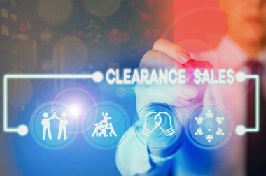 Clearance Pazarlama 'yı gösteren bir not yazıyorum. Fiyatları düşürüp gereksiz hisselerden kurtulmak için iş fotoğraflarında mallar sergileniyor..