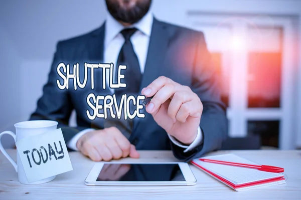 Word writing text Shuttle Service. Business concept for intended to shuttle passengers between two fixed points Male human wear formal clothes present presentation use hi tech smartphone.