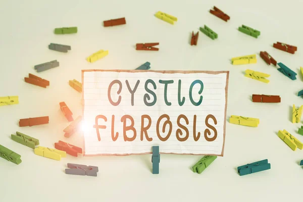 Conceptual hand writing showing Cystic Fibrosis. Concept meaning a hereditary disorder affecting the exocrine glands Colored clothespin papers empty reminder white floor office