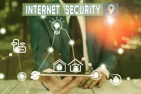Escrita Mão Conceitual Mostrando Internet Security Conceito Que Significa Segurança — Fotografia de Stock