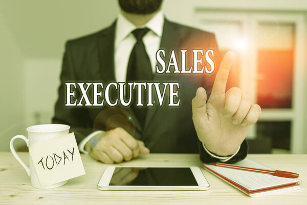 Conceptual hand writing showing Sales Executive. Business photo text responsible for the overall sales activities of the company Male human wear formal clothes present use hitech smartphone.