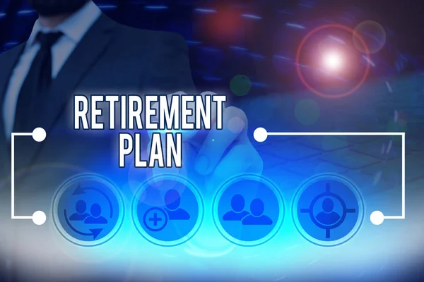 Text sign showing Retirement Plan. Business photo text plan for setting aside money to be spent after retirement