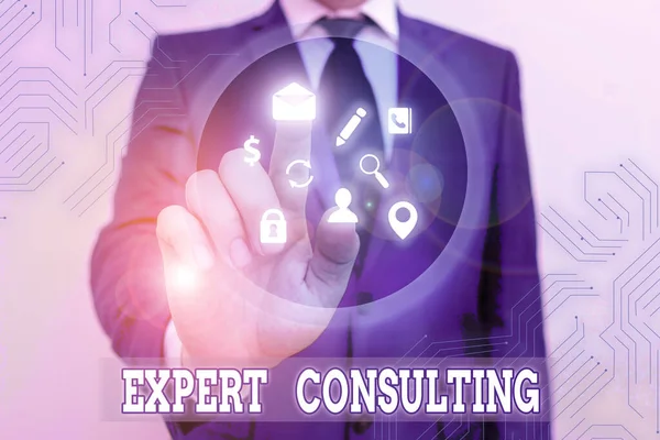 Conceptual hand writing showing Expert Consulting. Concept meaning providing of expert knowledge to a third party for a fee