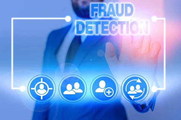 Writing note showing Fraud Detection. Business photo showcasing identification of actual or expected fraud to take place. — Stock Photo, Image