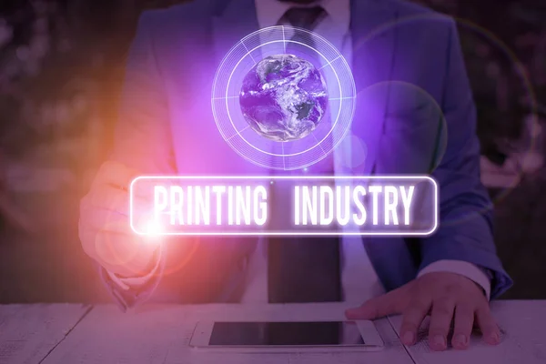 Text sign showing Printing Industry. Conceptual photo industry involved in production of printed matter Elements of this image furnished by NASA.
