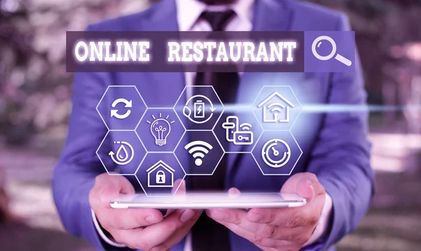 Znak Tekstowy Pokazujący Online Restauracja Biznes Zdjęcie Tekst Internet Który — Zdjęcie stockowe