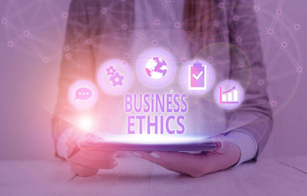 Text sign showing Business Ethics. Business photo text study of appropriate business policies and practices