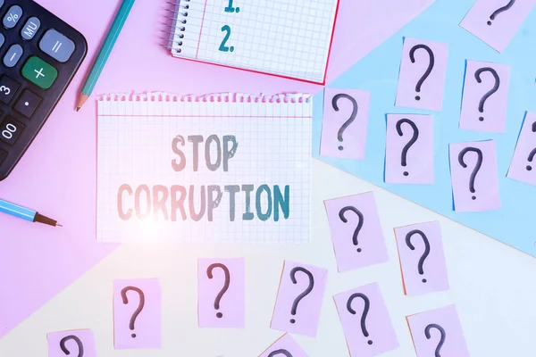 Text sign showing Stop Corruption. Business photo showcasing Put an end in abusing of entrusted power for private gain Mathematics stuff and writing equipment above pastel colours background