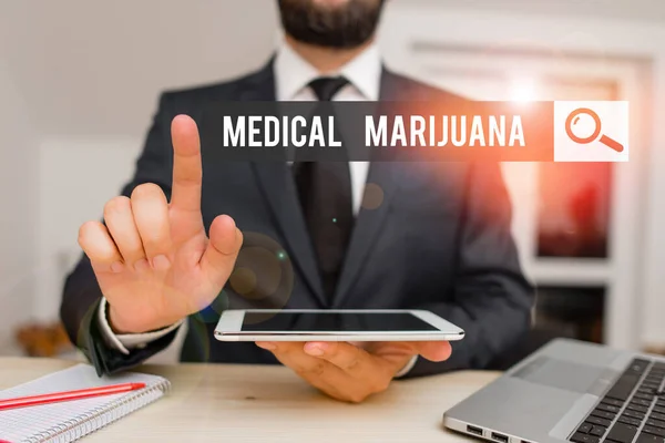 Conceptual hand writing showing Medical Marijuana. Business photo showcasing recommended by examining as treatment of a medical condition Male human wear formal clothes present use hitech smartphone. — Stockfoto