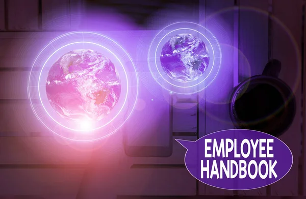 Text sign showing Employee Handbook. Conceptual photo states the rules and regulations and policies of a company Elements of this image furnished by NASA.