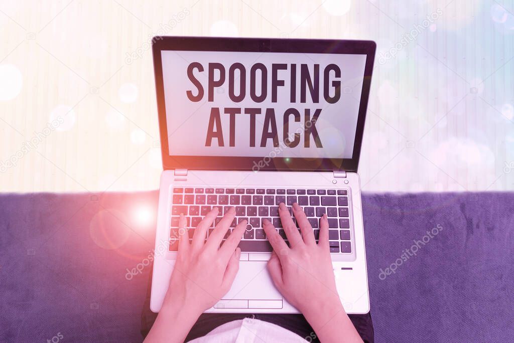 Text sign showing Spoofing Attack. Conceptual photo impersonation of a user, device or client on the Internet.