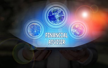 Conceptual hand writing showing Financial Adviser. Business photo showcasing demonstrating who is employed to provide financial services Elements of this image furnished by NASA.