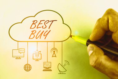 Best Buy 'ı gösteren kavramsal el yazısı. Bir ürünün maliyeti ve kalitesinin en avantajlı kombinasyonunu gösteren iş fotoğrafı.