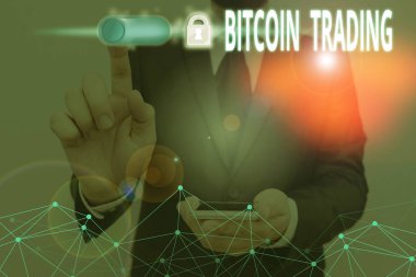 Metin işareti Bitcoin ticaretini gösteriyor. Borsada kripto para alım ve satımının iş fotoğrafı metni