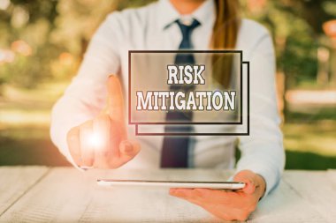 Risk azaltmayı gösteren kavramsal el yazısı. Masada oturan ve elinde cep telefonu tutan kadın iş adamının tehditlerine karşı hazırlık ve azaltma stratejisi.