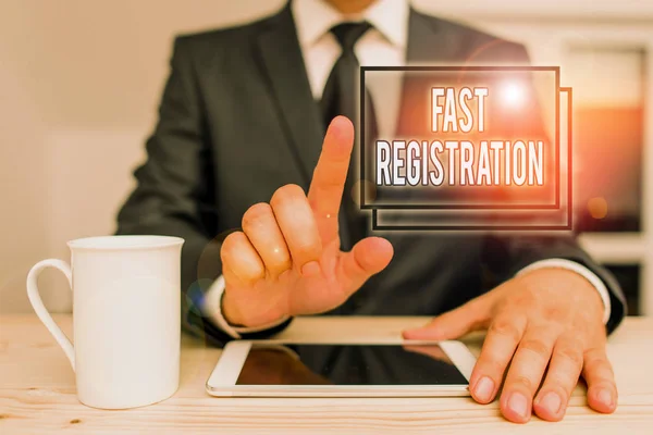 Text sign showing Fast Registration. Conceptual photo Quick method of entering certain information in a register Male human wear formal clothes present presentation use hi tech smartphone.