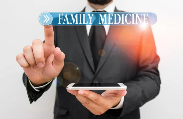 Word writing text Family Medicine. Business photo showcasing designed to provide basic healthcare to family members Male human wear formal work suit hold smart hi tech smartphone use one hand