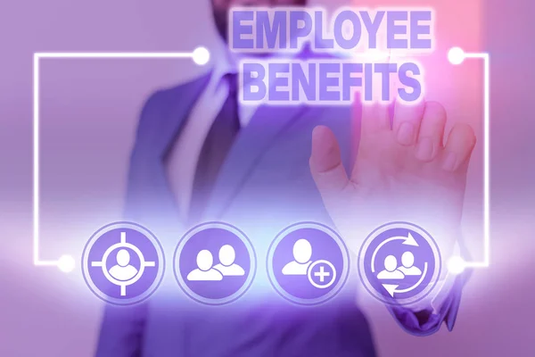 Writing note showing Employee Benefits. Business photo showcasing indirect and noncash compensation paid to an employee.
