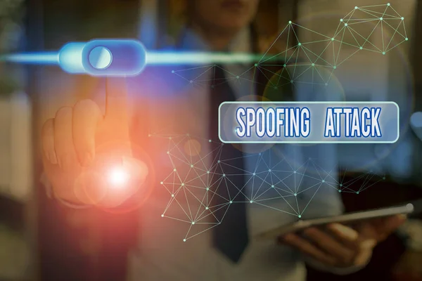 Escribir texto a mano Spoofing Attack. Concepto que significa suplantación de un usuario, dispositivo o cliente en Internet . — Foto de Stock