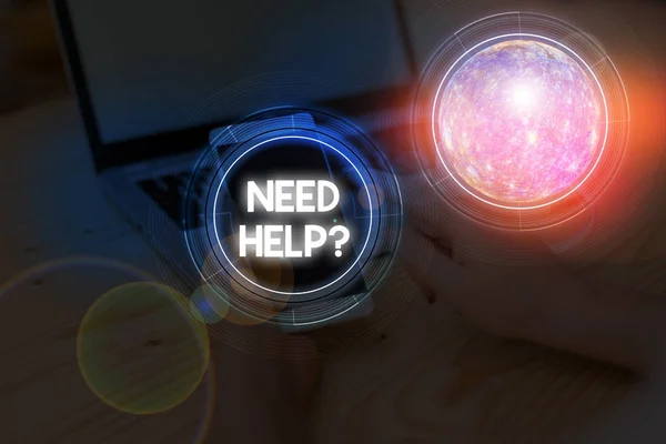 Writing note showing Need Helpquestion. Business photo showcasing to give or provide what is necessary to accomplish a task Elements of this image furnished by NASA. — Stock Photo, Image