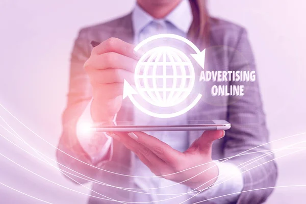 Szöveges Tábla Mutatja Reklám Online Üzleti Fotó Bemutató Marketing Stratégia — Stock Fotó