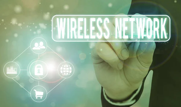 手書きテキスト書き込み Wireless Networkワイヤレスデータ接続を使用する概念的な写真コンピュータネットワーク — ストック写真
