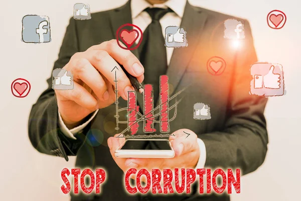 Текст написання слів Зупинити корупцію. Концепція бізнесу для припинення зловживання дорученою владою для приватної вигоди . — стокове фото