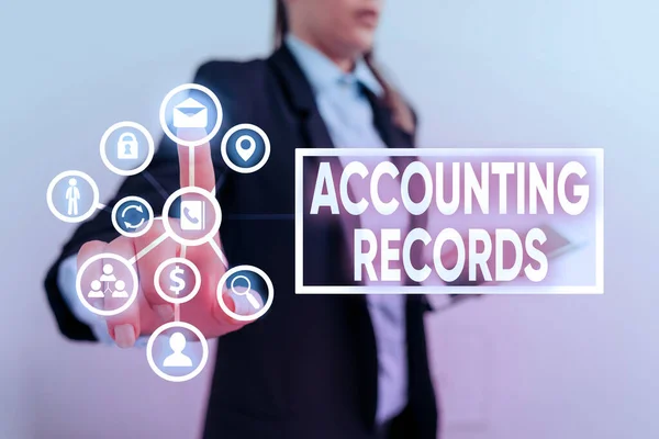 Writing note showing Accounting Records. Business photo showcasing Manual or computerized records of assets and liabilities. — Stock Photo, Image