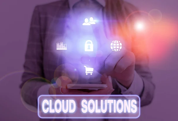 Tekst Pisania Tekstu Cloud Solutions Zdjęcia Biznesowe Prezentujące Usługi Lub — Zdjęcie stockowe