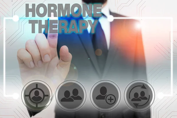 Teksten met hormoontherapie. Conceptuele fotobehandeling van ziekten met synthetische afgeleide hormonen. — Stockfoto