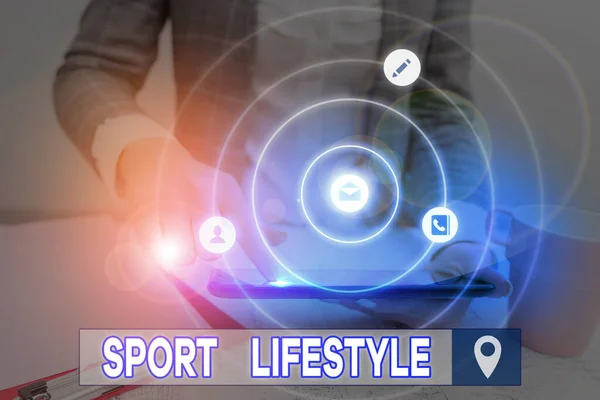 Handstil text skriva Sport Livsstil. Begreppet innebörd Fond av sport eller friluftsliv Fysiskt aktiv. — Stockfoto