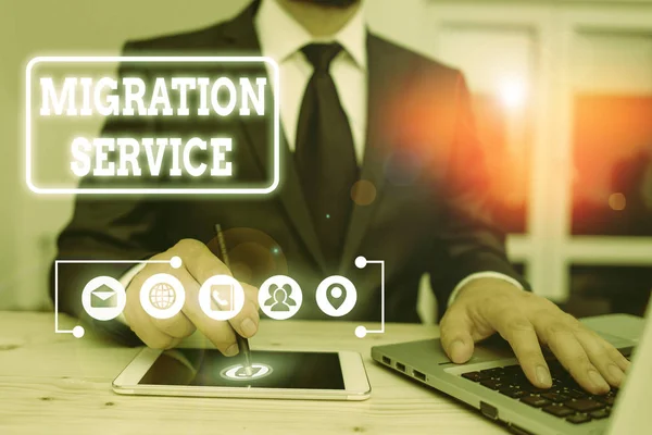 Nota Escrita Mostrando Serviço Migração Conceito Negócio Para Transferência Dados — Fotografia de Stock