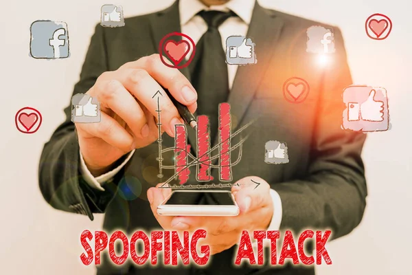 Szóírás sms Spoofing Attack. A felhasználó, eszköz vagy ügyfél internetes megszemélyesítésének üzleti koncepciója. — Stock Fotó