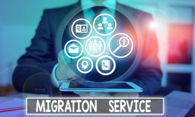 El yazısı metin Geçiş Hizmeti. Şirket verilerinin bulut hizmeti sağlayıcılarına taşınması kavramsal fotoğraf