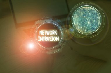 Writing note showing Network Intrusion. Business photo showcasing device or software application that monitors a network Elements of this image furnished by NASA. clipart