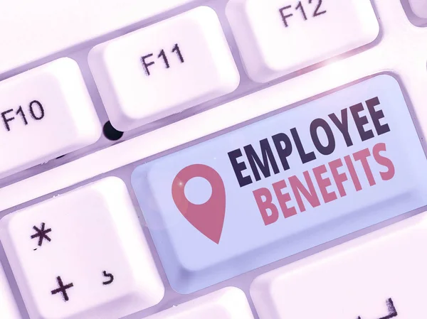 Text sign showing Employee Benefits. Business photo showcasing indirect and noncash compensation paid to an employee