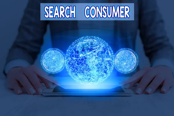 Εννοιολογική γραφή στο χέρι που δείχνει την Αναζήτηση Καταναλωτή. Επιχειρηματική έρευνα κειμένου φωτογραφιών σχετικά με τις προτιμήσεις και τη συμπεριφορά των καταναλωτών σε μια αγορά Στοιχεία αυτής της εικόνας που παρέχονται από Nasa. — Φωτογραφία Αρχείου