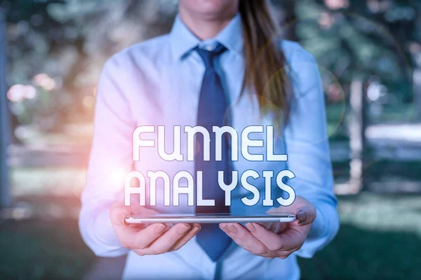 Text sign showing Funnel Analysis. Conceptual photo mapping and analyzing a series of events towards a goal Business woman in shirt with a tie holding lap top mobile phone in the hand. — Stock Photo, Image