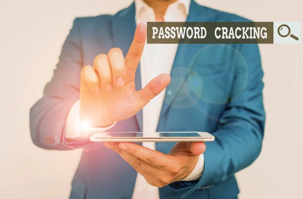 Word writing text Password Cracking. Business photo showcasing measures used to discover computer passwords from data Businessman with pointing finger in front of him