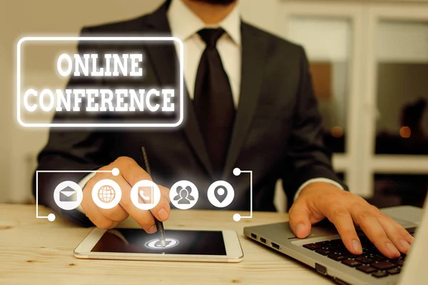 Writing note showing Online Conference. Business concept for online service by which you can hold live meetings