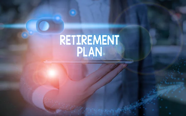 Handwriting text writing Retirement Plan. Concept meaning plan for setting aside money to be spent after retirement.