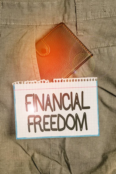 文章を書く Financial Freedomお金について強調されずに大きな人生の決定を行うビジネス写真男のズボンのフロントポケットの内側に小さな財布表記紙の近く — ストック写真