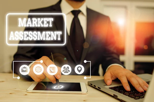 Writing note showing Market Assessment. Business concept for evaluation of the market for a product or service