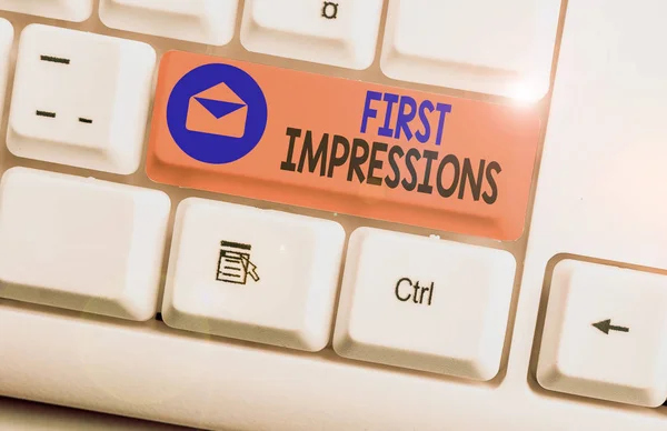 Writing note showing First Impressions. Business concept for first consideration or judgment towards a demonstrating