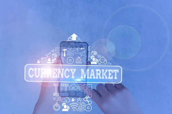 Writing note showing Currency Market. Business concept for over the counter market for the trading of currencies