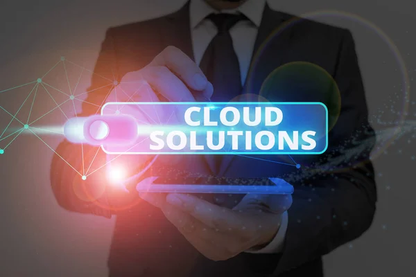 Znak Tekstowy Pokazujący Cloud Solutions Zdjęcia Biznesowe Prezentujące Usługi Lub — Zdjęcie stockowe